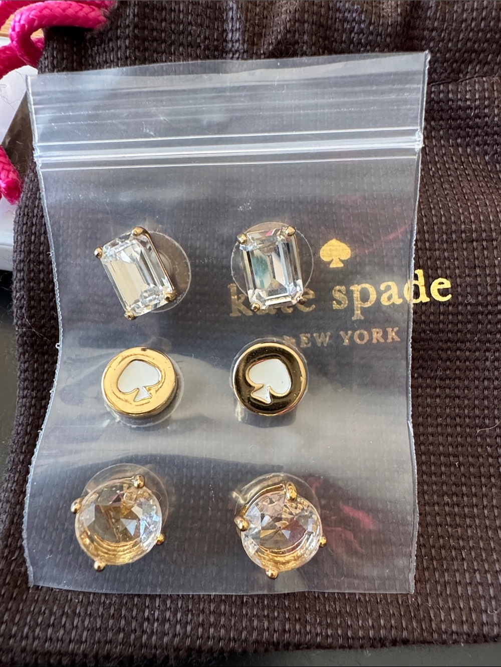 3 Pairs- Kate Spade New York Gold & Clear & cream Stud Earring Set